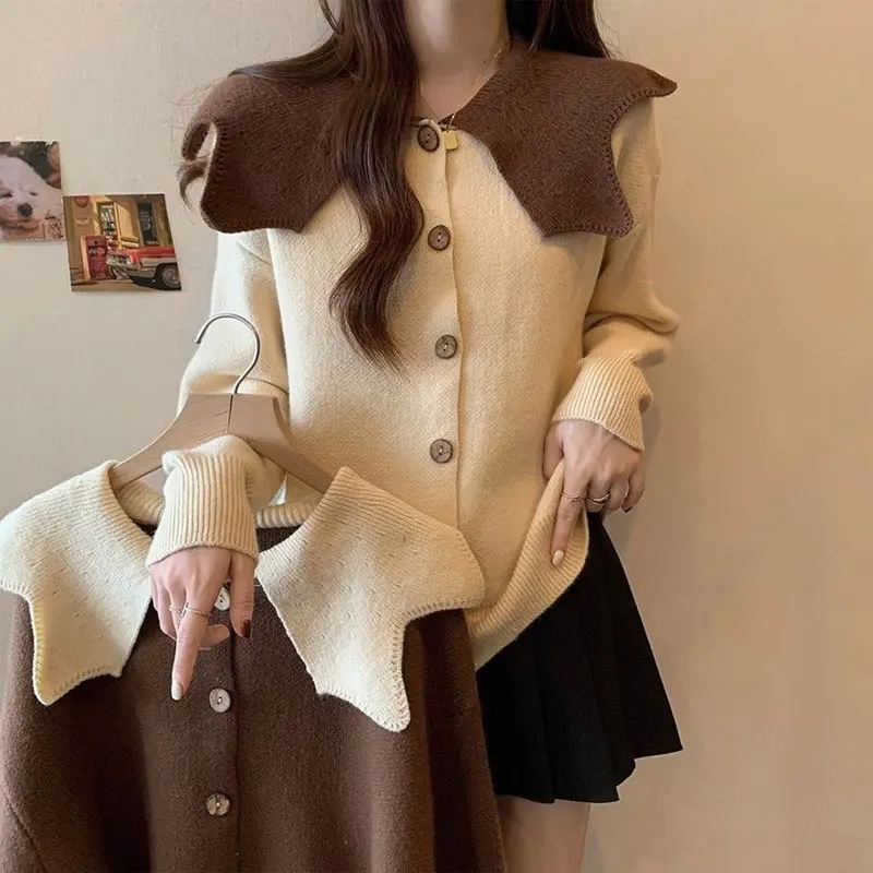 

Vintage Turn-down Collar Cardigan Knitted Autumn Winter New Contrasting Colors Women's Clothing Commute Single-breasted Sweaters