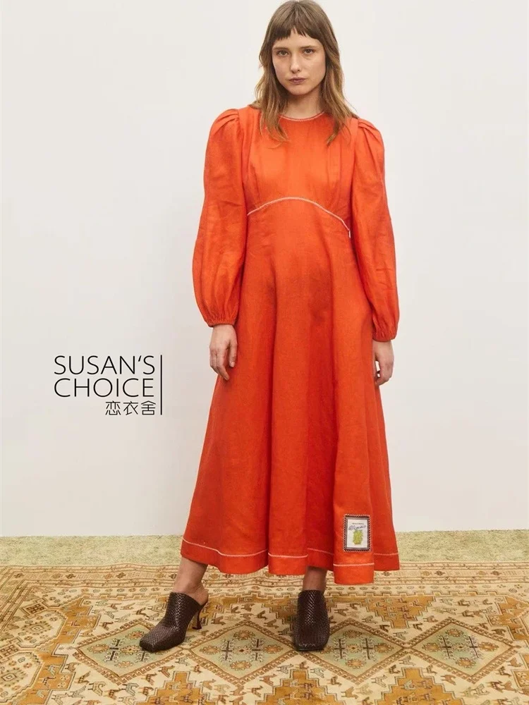 

Женское повседневное платье Susan с высокой талией, рукавами-фонариками, из льна, приталенное, с длинными рукавами, оранжево-красное, для ранней осени