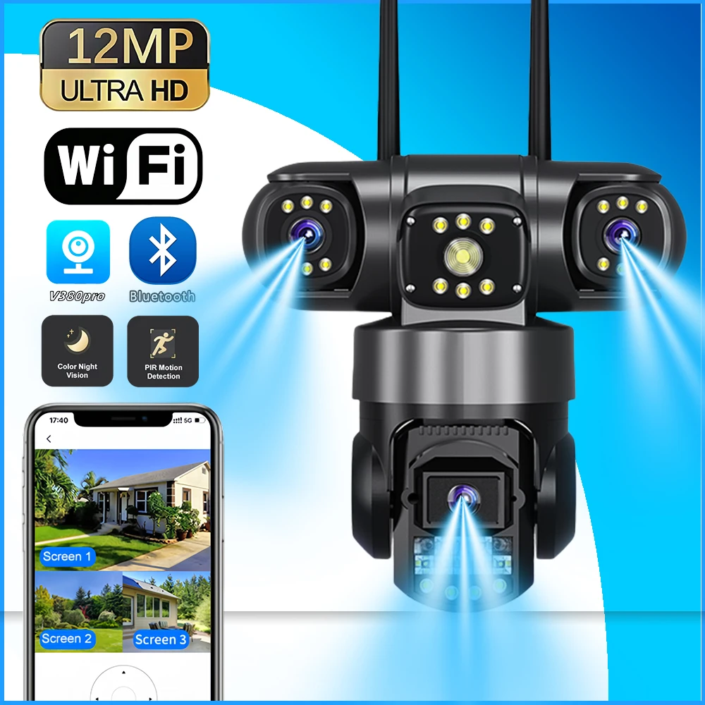 V380 Pro WiFi IP Camera Outdoor Triple Lenses Triple Screens 12MP 6K Security Video Monitor Night Vision Waterproof CCTV Cameras