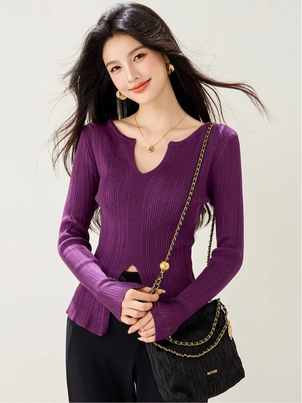 

Весна 2026: Женская облегающая футболка с длинным рукавом и V-образным вырезом, модный базовый топ с вырезами, Pure Desire Sle