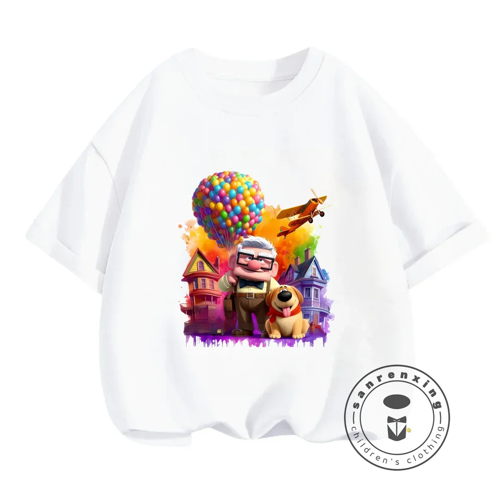 Cute Summer Fashion Disney Flying House Around the World Movie T-Shirts Soft Kawaii Loose Tees Fun Pattern Prints for Boys Girls