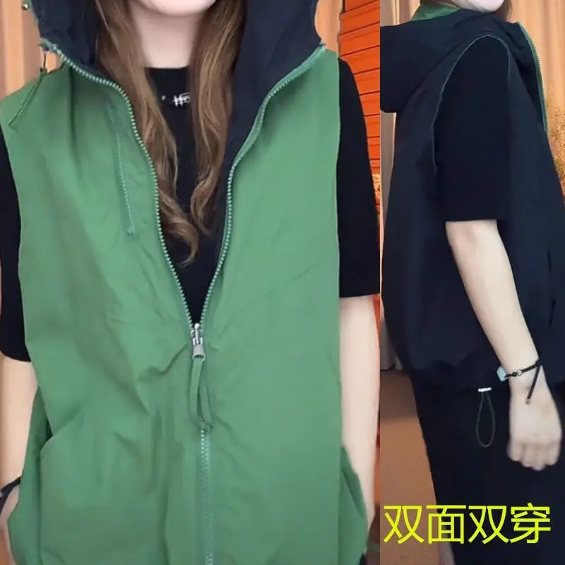 Spring Summer Reversible Vest Women's Korean Loose Hooded Sleeveless Korean Thin Double-sided Camisole Casual Waistcoat