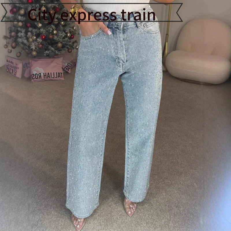 

Джинсы Waed American Heavy Diamond: свободные повседневные льняные брюки с высокой талией, широкими штанинами и художественным дизайном, длинные брюки.