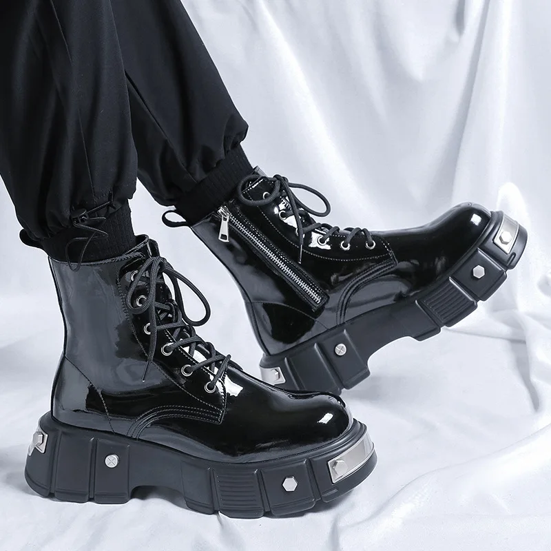 men luxury fashion platform boots stage nightclub dress patent leather shoes cowboy high boot handsome long motorcycle botas man