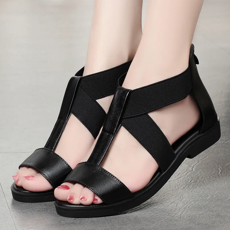 

Genuine Leather Sandals Woman Summer Women's Shoes Flat Leather Sandals Fish Mouth Hollow Cool Boots Women's Rear Zipper