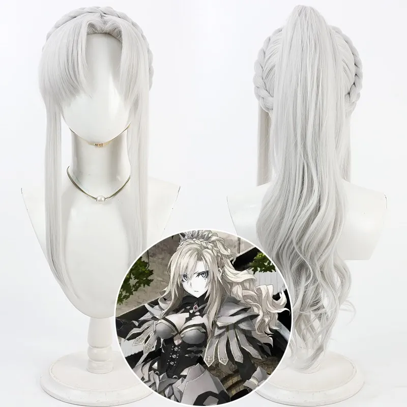 

Game Fate FGO Kriemhild Cosplay Wig 75cm Long Wavy Silver White Ponytail Heat Resistant Synthetic Hair
