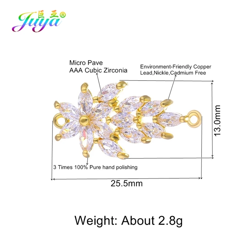 Juya Handmade Jewelry Material Supplies Gold Cubic Zirconia Flower Charm Connectors For DIY Bracelets Earrings Making