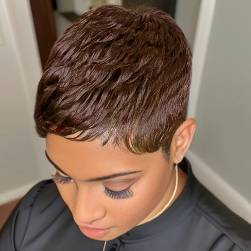 

Pixie Cut Wig Human Hair Short Natural Color Brown 99J Wigs for Women Short Cut Natural Wavy Wigs