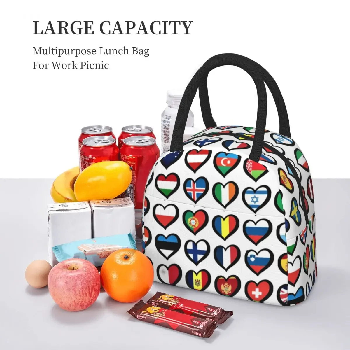 Eurovision Song Contest Flags Hearts Insulated Lunch Bag for Women Office Cooler Thermal  Tote Leakproof Lunch Boxes Container