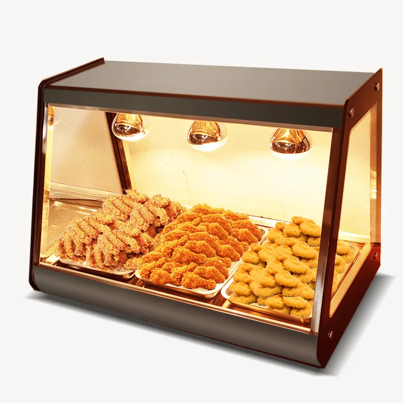 Incubadora de pollo frito, lámpara comercial Yuba, tarta de huevo de escritorio, comida cocida, incubadora de calefacción de castañas, vitrina de ventas de alimentos