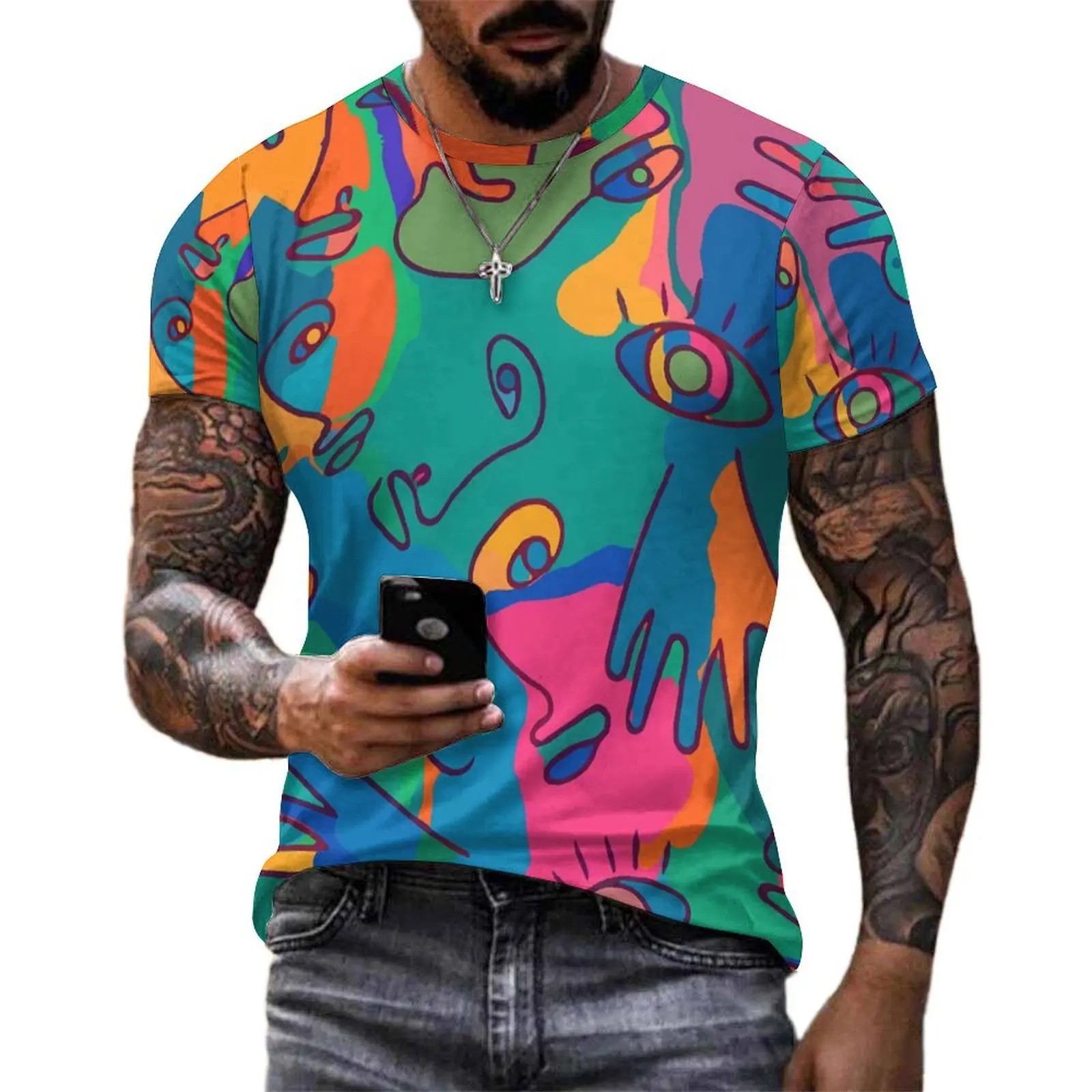 Vintage Color Block T Shirt Abstract Face Finger Trending T-Shirts Mens EMO Casual Tee Shirt Short Sleeve Graphic Tees Plus Size