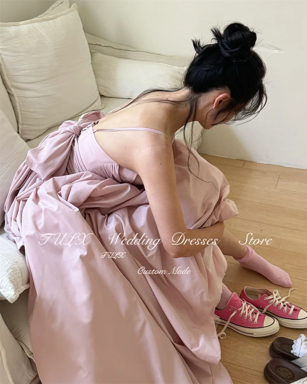 TULX Pink Spaghetti Strap Evening Dress A line Long Back Bow Korea Wedding Photo Shoot Dresses Corset Back Party Dress Custom