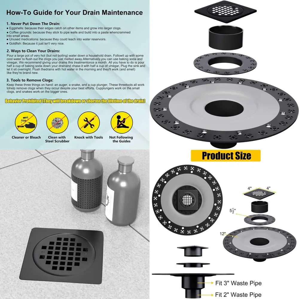

4 Inch Stainless Steel Shower Drain Kit with 2 Inch Vertical ABS Flange for Kerdi Systems - Matte Black