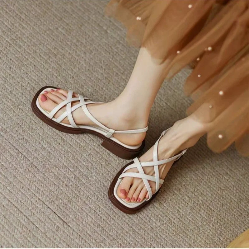 2025 French Elegant Low Heel Roman Sandals Comfortable Open Toe Women's Shoes Fashionable Summer Slimming PU Leather