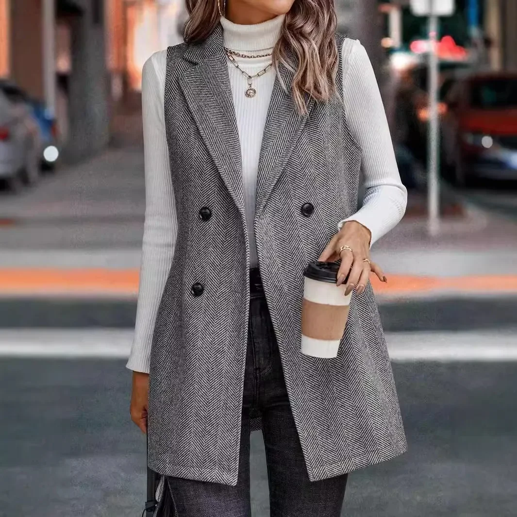

2025 Autumn Women Solid Casual Loose Sleeveless Vest Jacket Elegant Warm Vintage Outerwear Coats Top