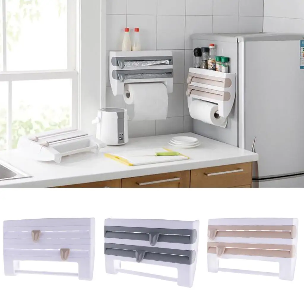 Multifunction Paper Roll Holder Foil Plastic Wrap Cutter Wall Mount Spice Storage Rack for Kitchen Use