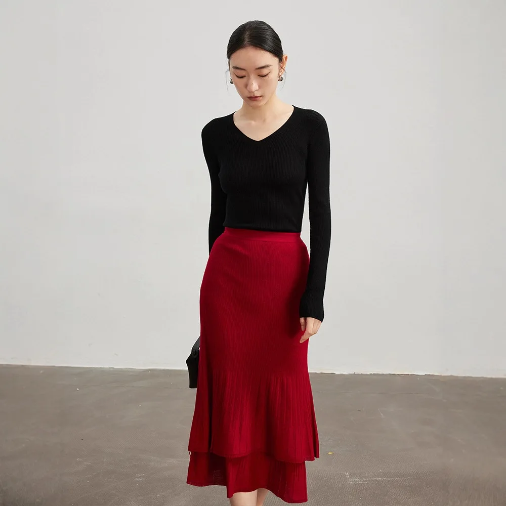 Winsleter-32.4%Sheep Wool Elegant Skirts, Double Layered Ruffles, Women Versatile Commute Trumpet Skirt, 2025 Autumn B59211CC