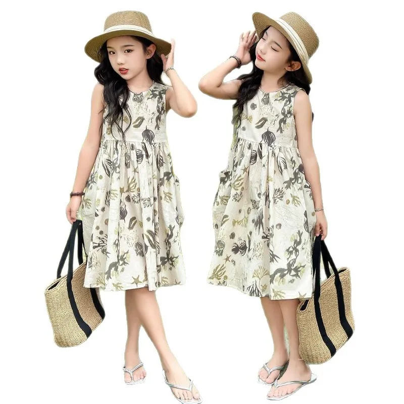 2026 Summer Girls Elegant New Children Casual Princess Teenager chiffon floral leaf sleeveles dress 5 6 7 9 10 11 12 13 year