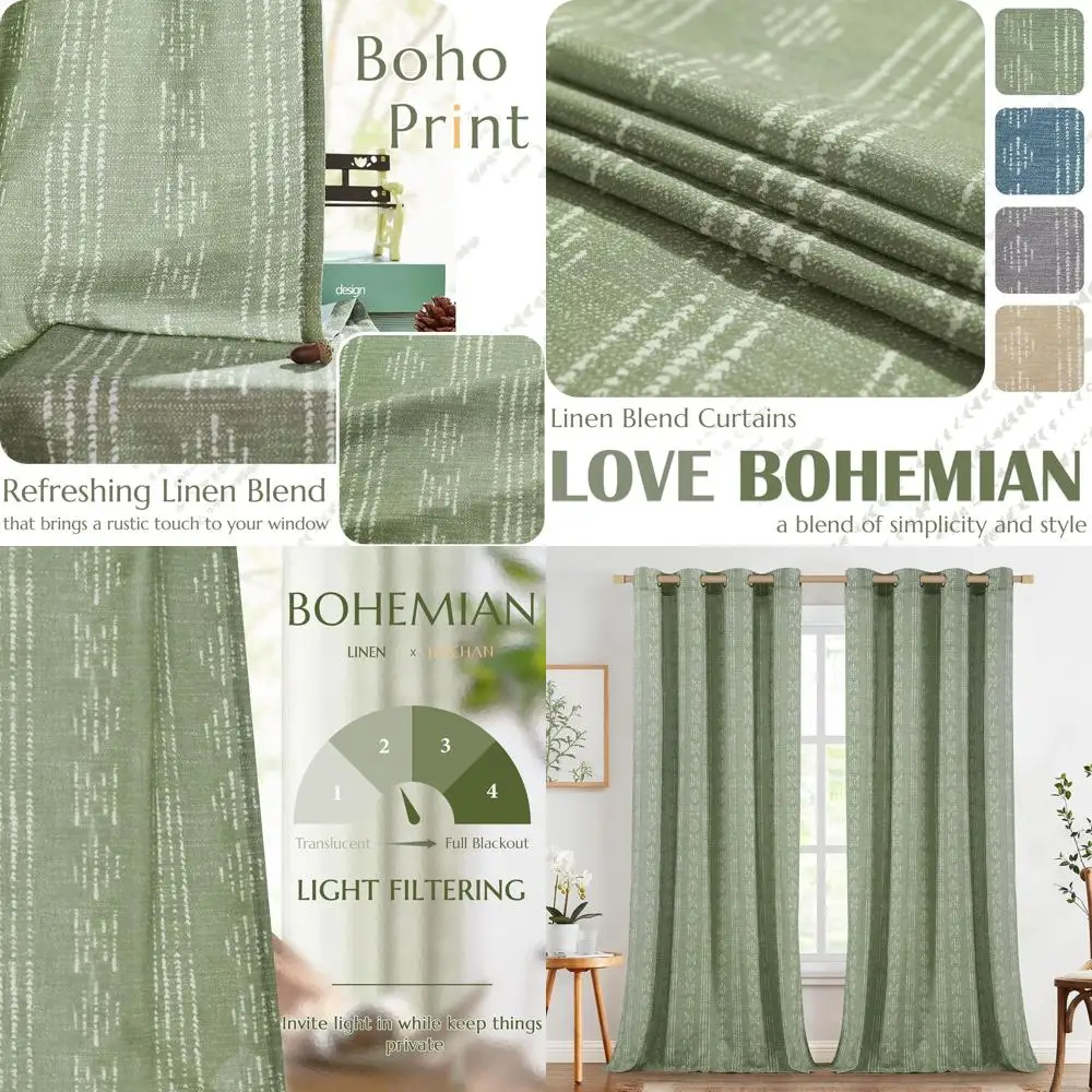 

Sage Green Linen Blend Boho Curtains with Stripes, 96 for Living Room, Semi-Sheer, Light Filtering Grommet Panels
