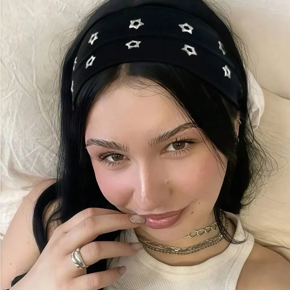 Metal Rock Hollow Eyelet Elastic Headband Fabric Star Hollow Eyelets Hair Bands Air Eye High Elastic Studded Headbands Punk