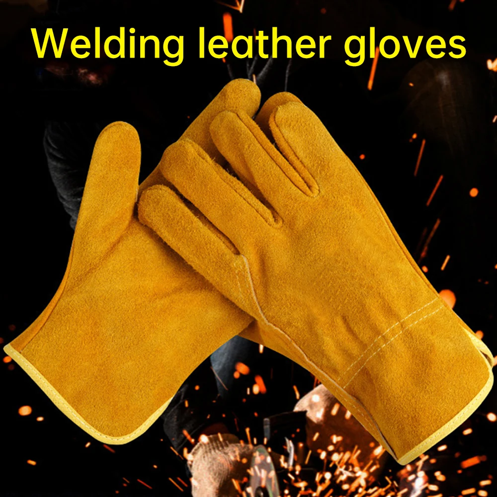 Short Welding Gloves, Cowhide Labor Protection Gloves Full Leather Thickened Thermal Insulation Anti Scalding Welder Gloves