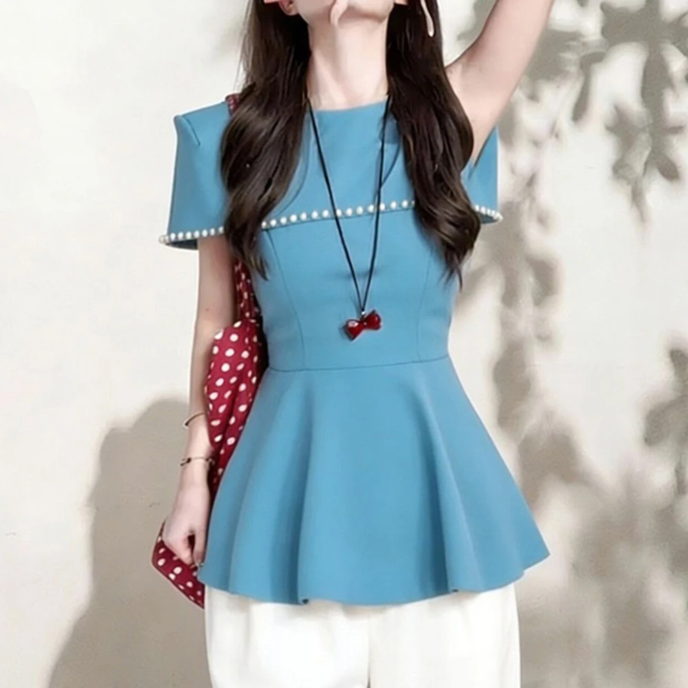 Beautiful, fashionable, age-reducing top, light luxury and high-end blue cloak, waist-pinched shirt, women's summer