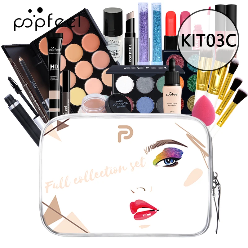 POPFEEL All In One Makeup Set (Eyeshadow, Ligloss, Lipstick, Brushes, Eyebrow, Concealer, Highlight) Cosmetic Bag Eye Shadow Kit