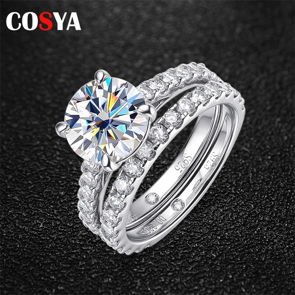 

COSYA S925 Sterling Silver Full Moissanite Rings For Women Plated White Gold 4 claws 3CT Diamond Ring Wedding Fine Jewelry