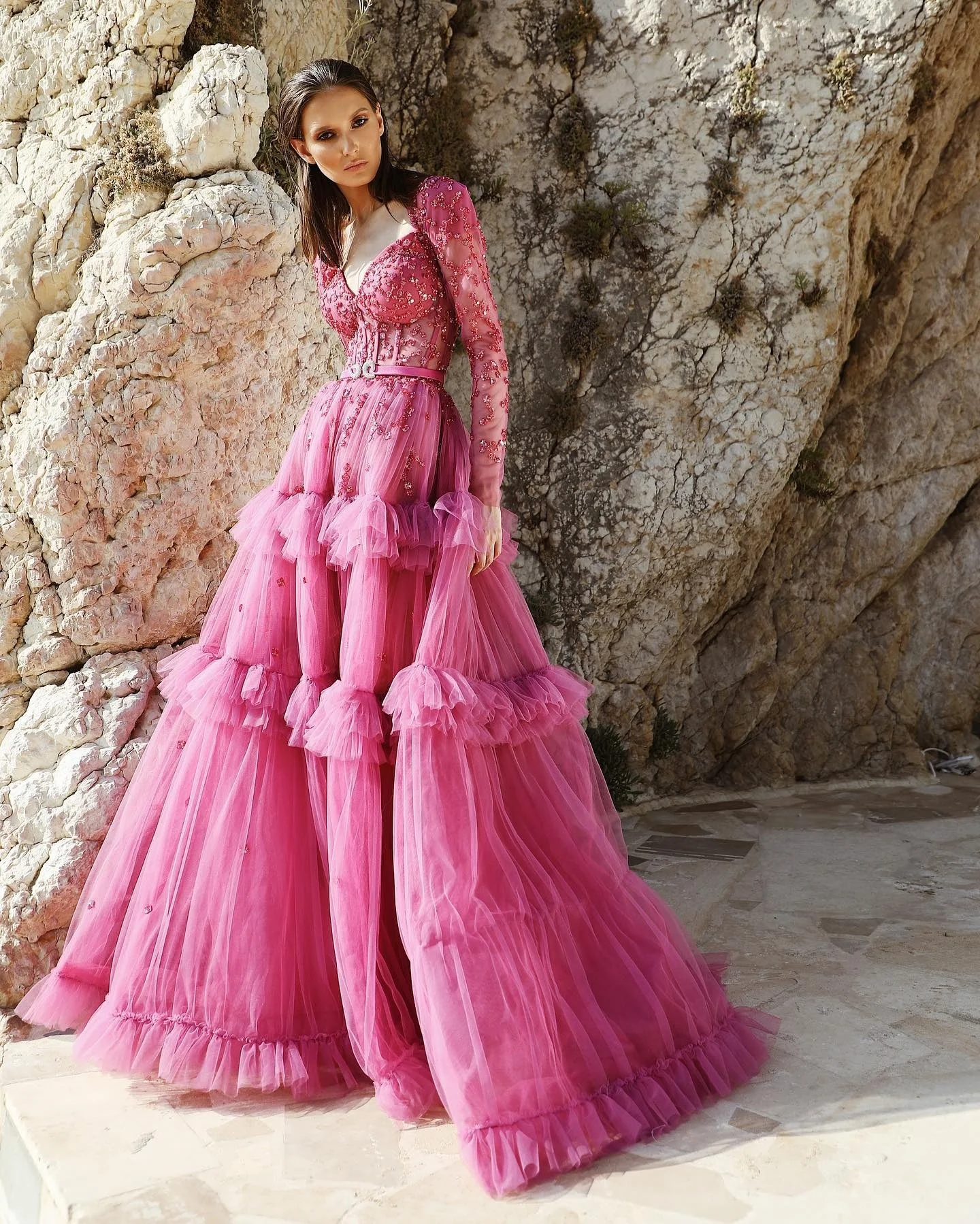 L378New Arrival Elie Saab Rose Red Long Sleeves Embroiery Sequins فساتين السهرة vestidos de fiesta فساتين سهره evening dresses
