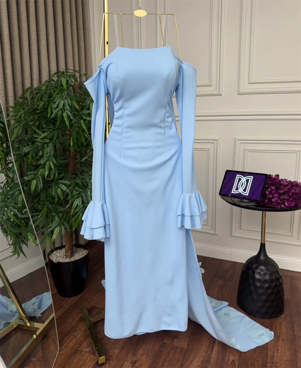 Abito da sera personalizzato Squisiti spalline maniche lunghe Abiti da ballo Sirena Cappella Treno Appliques Abiti da ritorno a casa