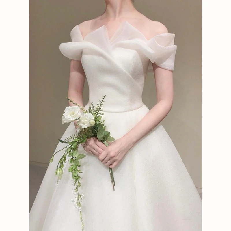 Ele One-oulder Wedding Dr Lightweight Bridal Gown with High-Quali Net Fabric Korean Sle for Small Brides