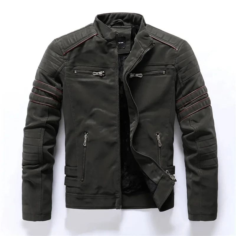 

Male PU Coats Clothes Autumn Winter Fashion Men’s Solid Color Stand Collar Long Sleeve Slim Casual Trendy Faux Leather Jackets