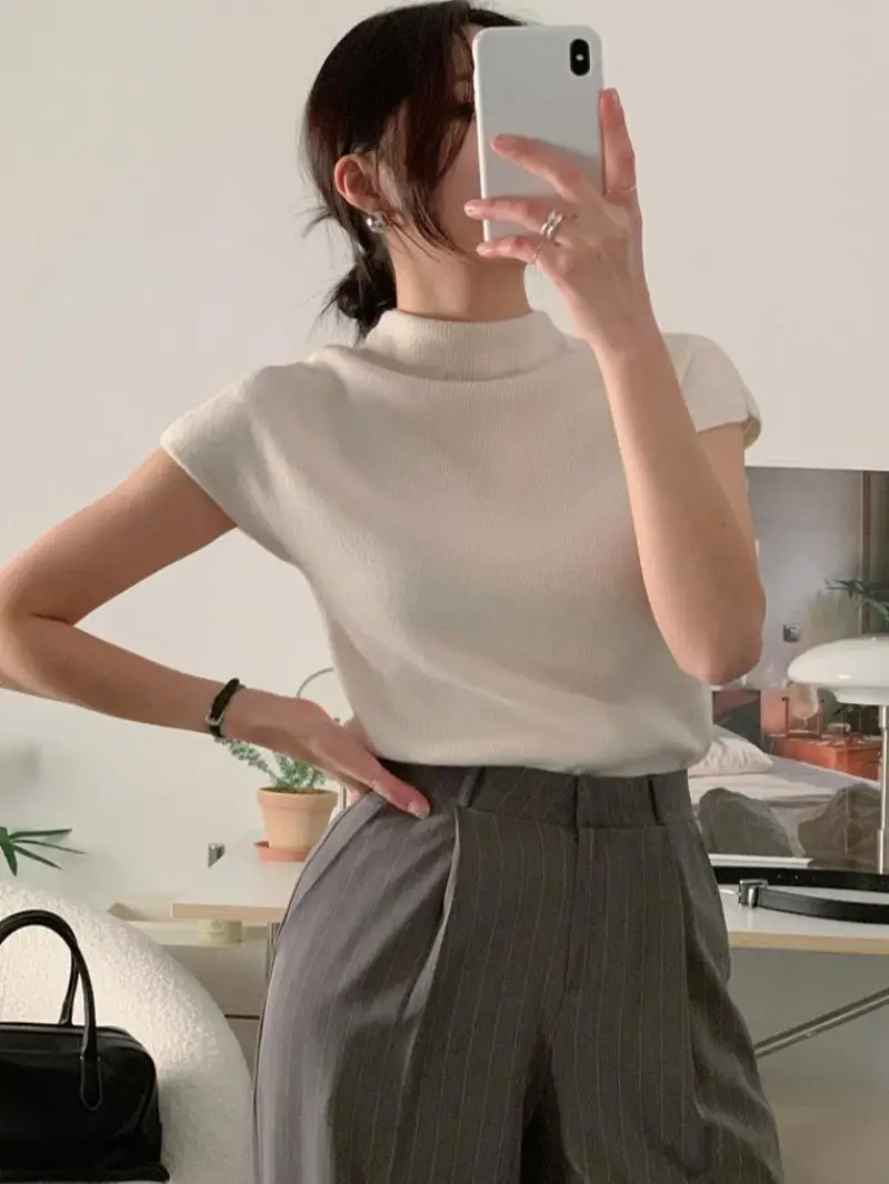 

Slim Fit Color f High Ne ort Sve Трикотажная основа irt Весна Лето Новый женский модный универсальный топ