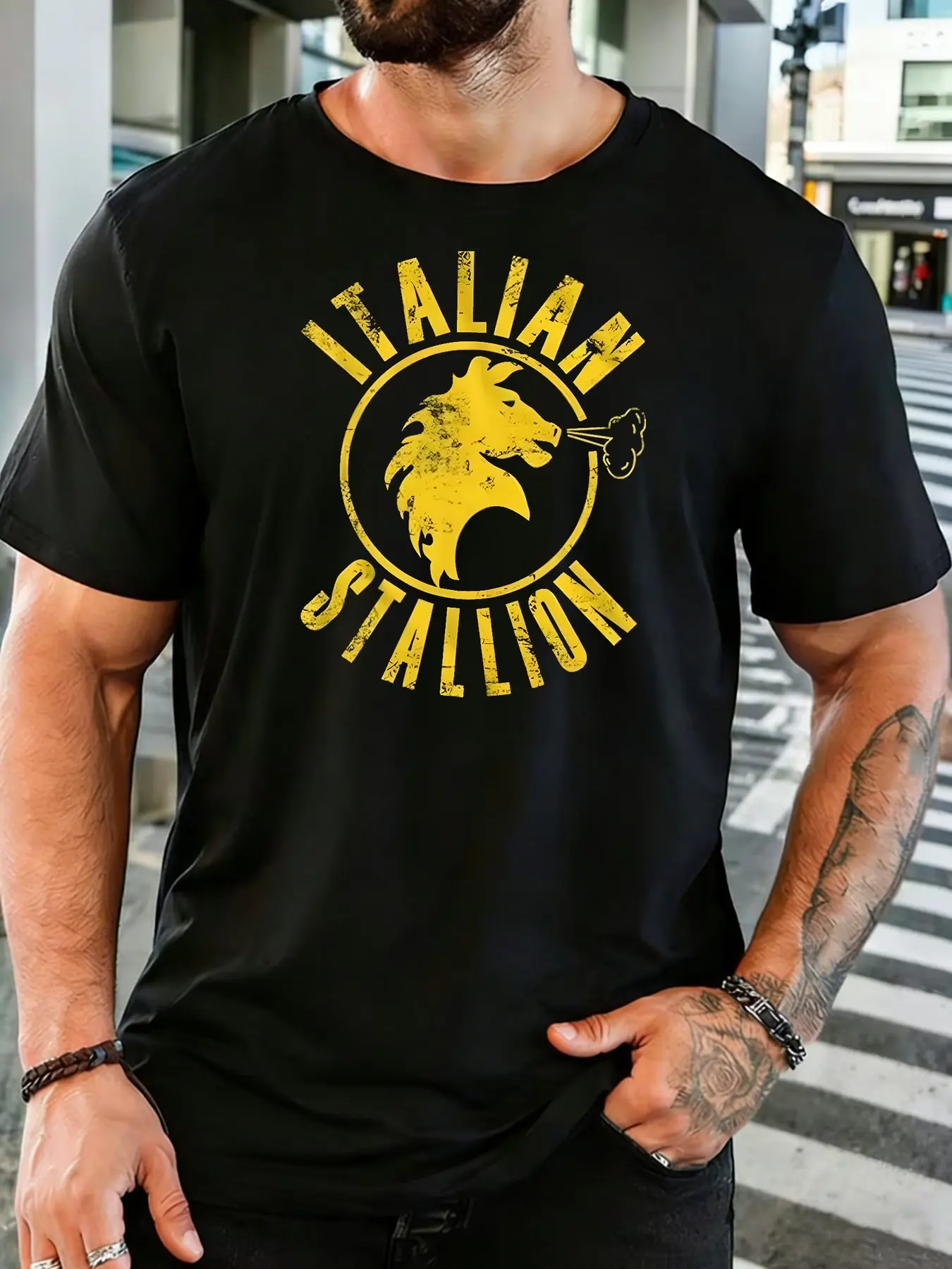Men Vintage Cotton Tee Italian Stallion Worn Horse Circle Graphic Short Sleeve Tshirt For Boxing Fans Daily Casual Street Top