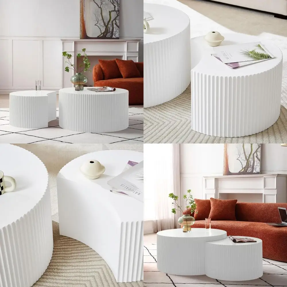 طاولة القهوة المتداخلة الفاخرة الحديثة، طاولات طبلة دائرية خشبية بيضاء لغرفة المعيشة