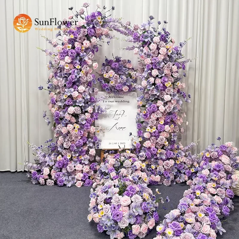 Sunwedding Artificial Purple Pink Rose Delphinium Wedding Flower Arch & Floor Runner Set