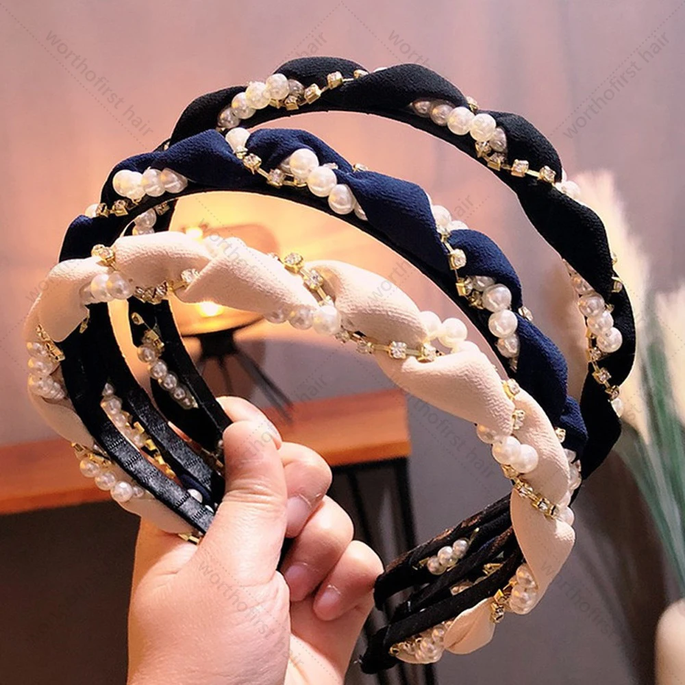 

Сплошной цвет, повязка на голову с витым жемчугом и стразами для женщин и девочек, запутанный обруч для волос, сказочная повязка на голову, нескользящий головной убор, аксессуар для волос