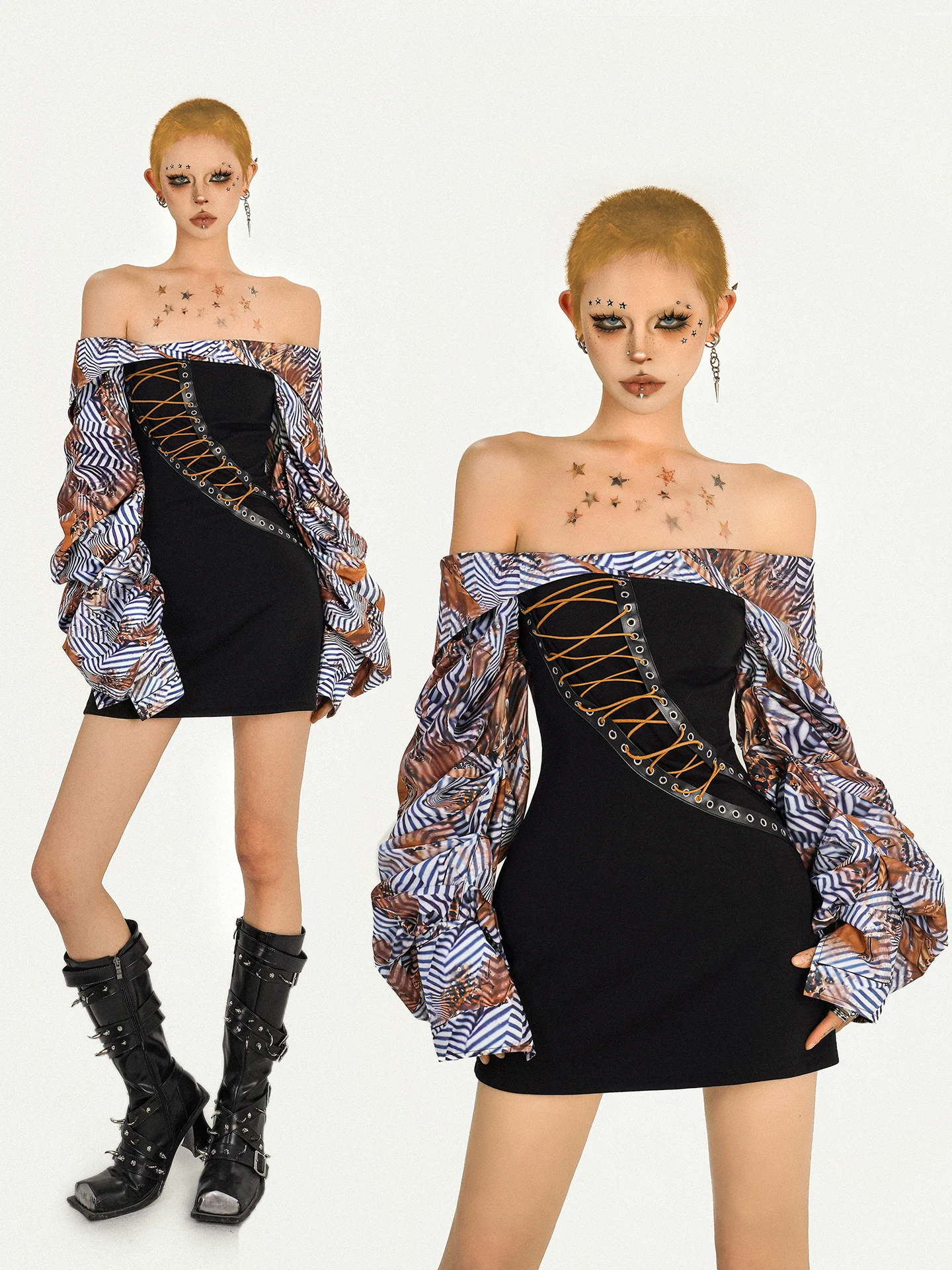 

Nico Molly Original Punk Spicy Girl Patchwork Strap One Shoulder Dress Women's Empress Style Slimming Skirt Street Style