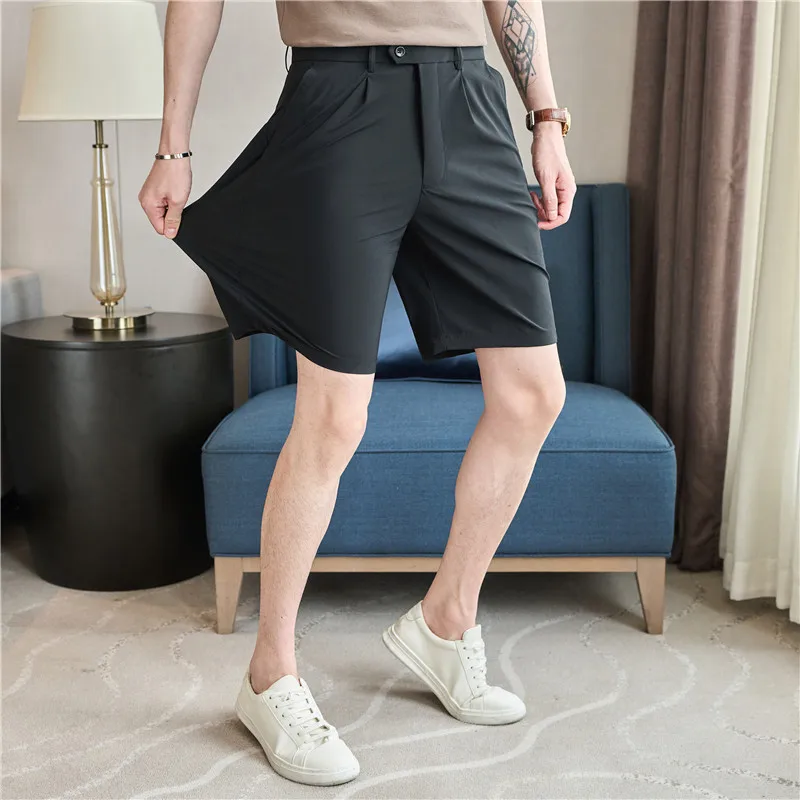 High Stretch Men Shorts 2025 Summer Ice Silk Light Thin Business Casual Suit Shorts Solid Color Slim Fit Knee Length Short Pants