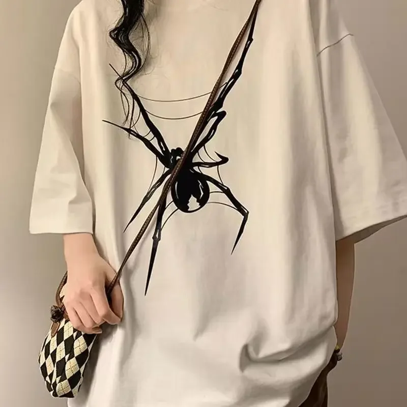 男性と女性のためのスパイダープリントの半袖Tシャツ,純綿,用途の広い,ゆったりとしたトップ,夏,新しい