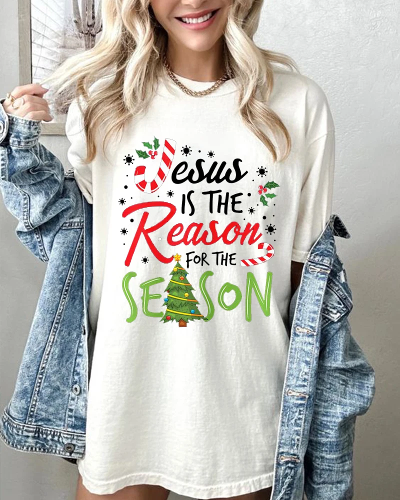 White Cotton Comfortable Cartoon Christmas Theme Print Women's T-Shirt Loose Large Size Short Sleeve Summer High Quality Tee