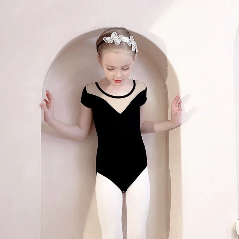 ثياب الباليه للفتيات قطعة واحدة كلاسيكية برقبة دائرية مرقعة أنيقة للرقص ملابس رياضية للياقة البدنية والجمباز