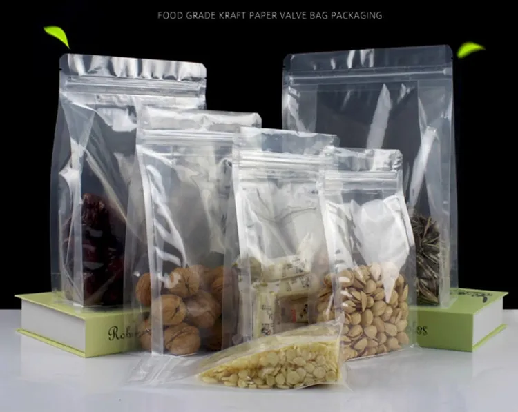 50pcs 3D Stand up Plastic Ziplock Storage Bag Clear Window Coffee Beans Sugar Snack Biscuit Nuts Beans Gifts Packaging Pouches