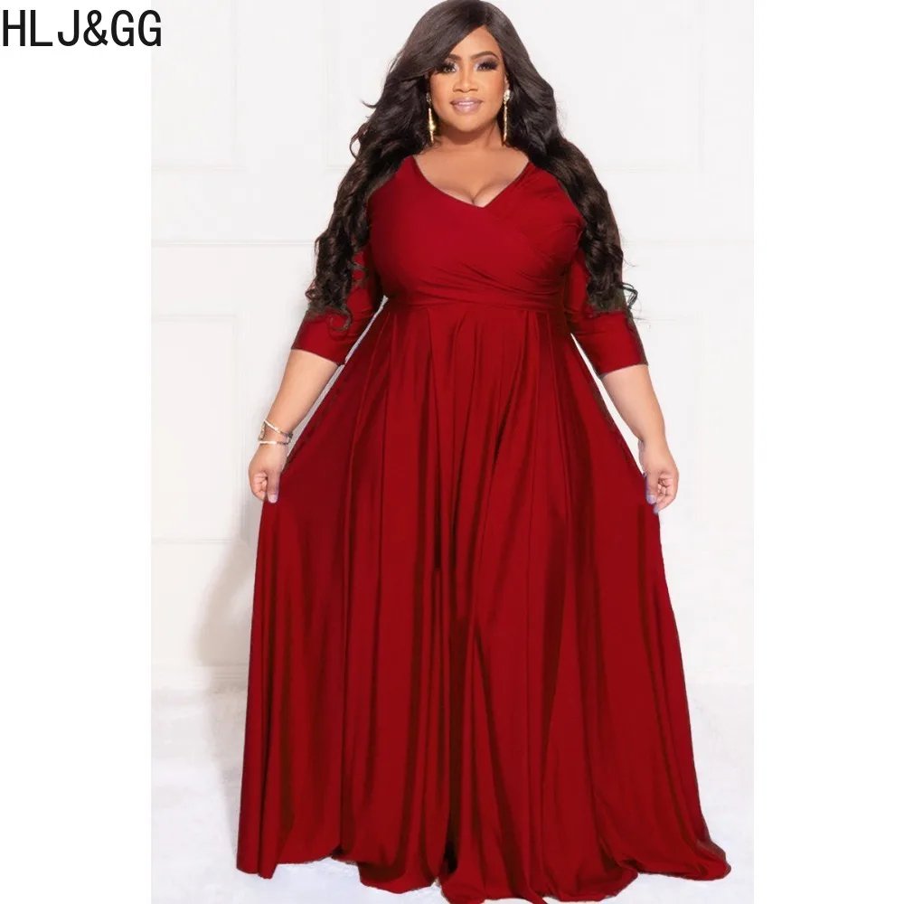 HLJ & GG-Vestido longo de meia manga linha A feminino, vestidos maxi com bainha grande, monocromáticos, moda básica, primavera, verão, plus size, 2021