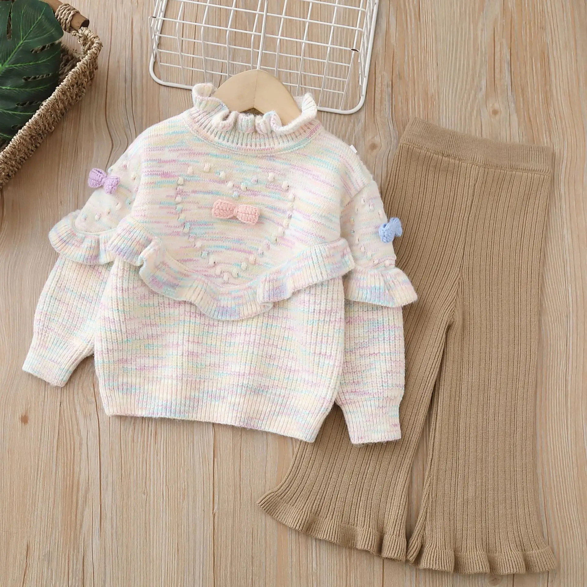 Children's Clothing Sets Love Bow Long Sleeve Sweater + Wide Leg Pants 2pcs Winter Baby Girl Clothes Winter Sweater Korean Style