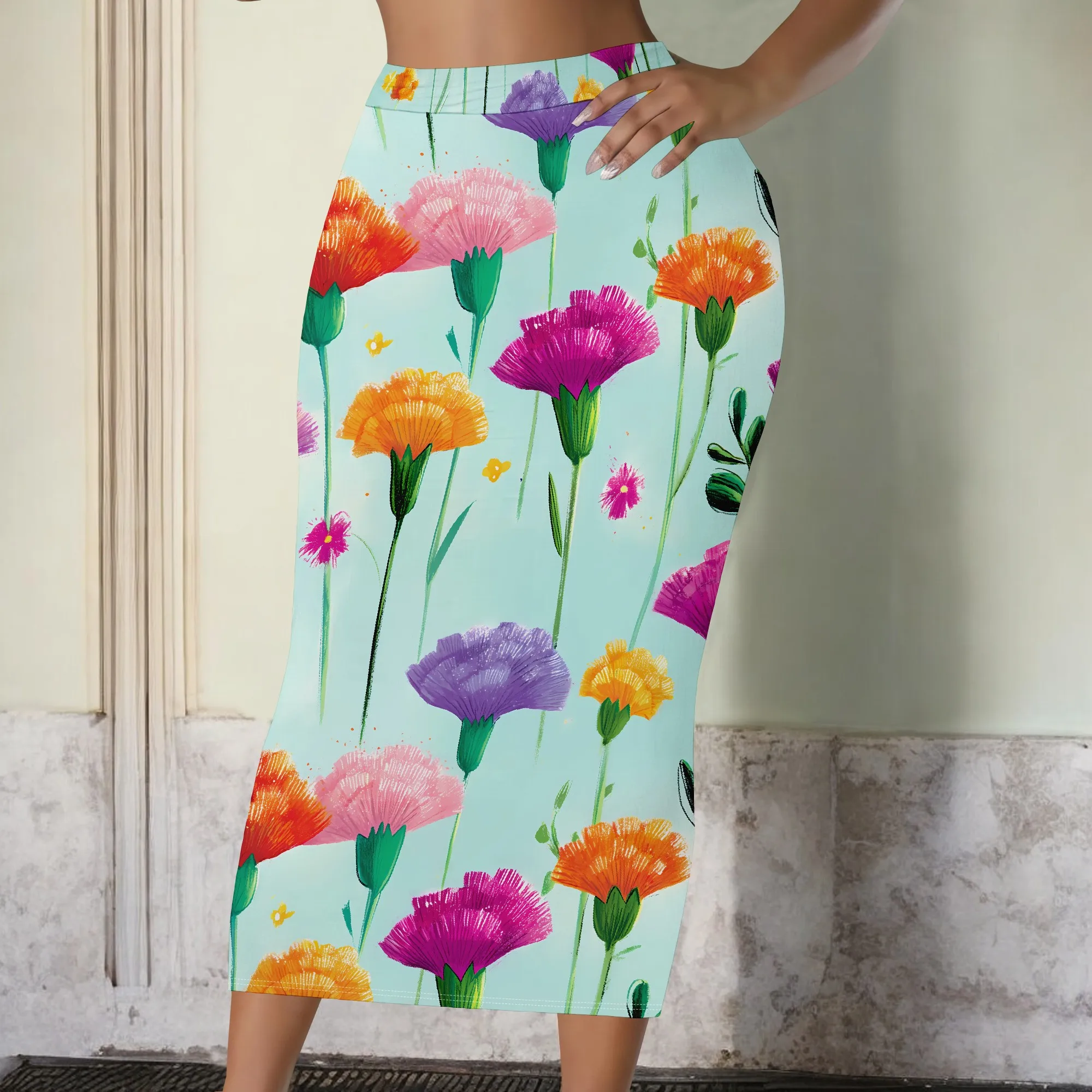 Vibrant Floral Pencil Skirt, Colorful Carnation Print, High Waist Bodycon Midi Skirt for Women, Office Party Wear, S-2XL