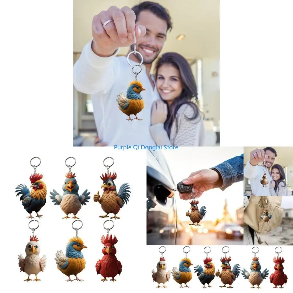 L21E 6pcs Cartoon Chicken Keychain Animal Pendant Chain Jewelry Handmade Keyring