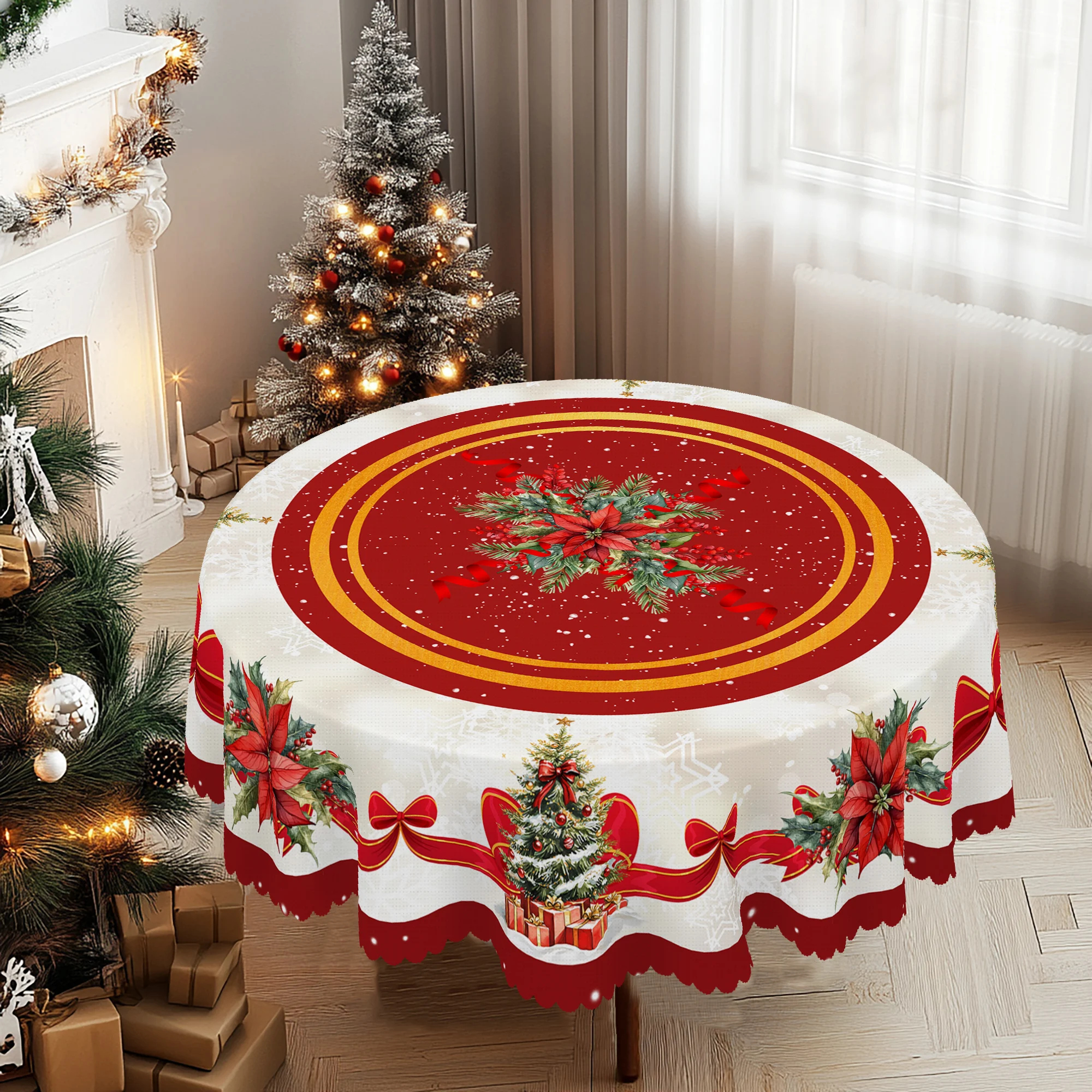 1 Piece Christmas Round and Rectangular Tablecloth, Various Sizes, Christmas Tree Gift Box Ribbon Knot Printed Pattern Red Design Tablecloth for Daily Home Kitchen, Party Use, Gifts