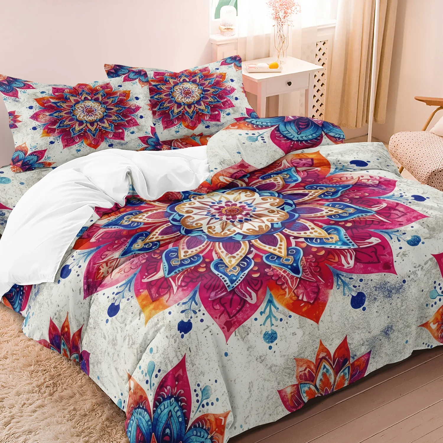 3Pcs Colorful Mandala Floral Pattern Soft Bedding Set Included 1 Duvet Cover & 2 Pillowcases For All-Season Home Dorm Decor