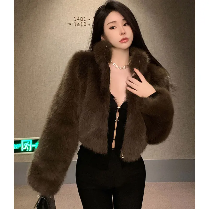 Korean Faux Fur Jackets  Autumn Winter Luxury Stand Collar Faux Mink Fur Party Club Zipper Coat Vintage Solid Furry Outerwear